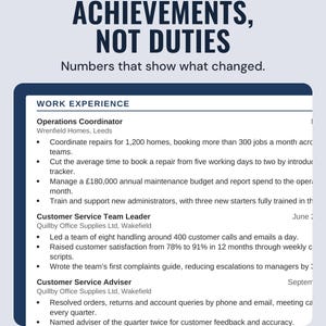 The work experience section of the example CV with achievement bullet points and numbers, under the headline Achievements, not duties, and the line Numbers that show what changed.