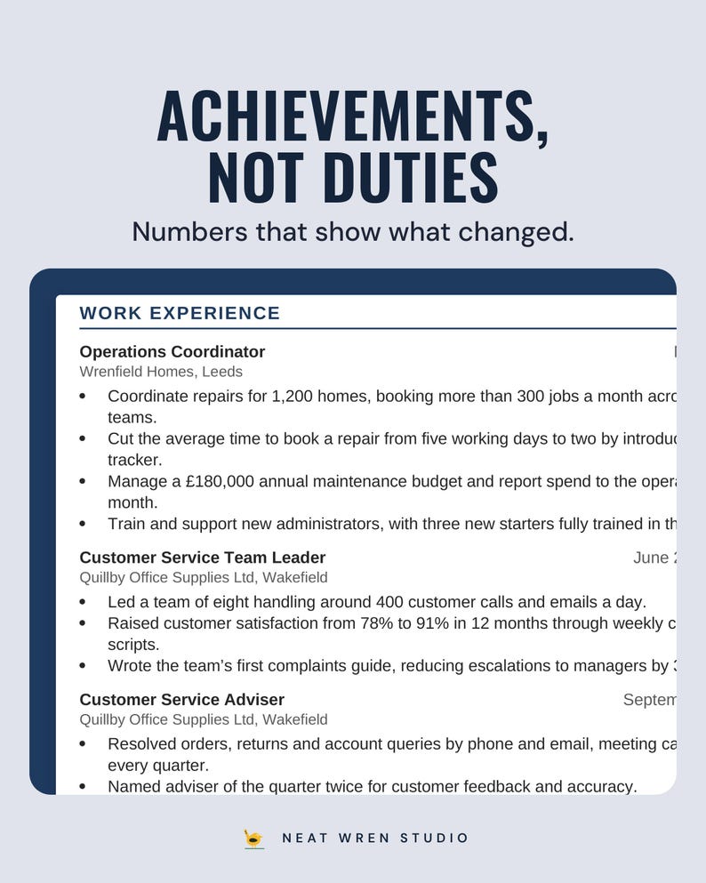 The work experience section of the example CV with achievement bullet points and numbers, under the headline Achievements, not duties, and the line Numbers that show what changed.