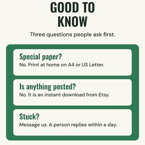 Questions about printables answered: printing at actual size, A4 and US Letter, and opening the files on Etsy.