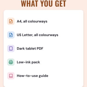 A white card under the headline What you get: A4, all colourways; US Letter, all colourways; dark tablet PDF; low-ink pack; and how-to-use guide.