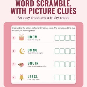 A Christmas word scramble sheet with picture clues, such as URDM next to a drum, under the headline Word scramble, with picture clues.