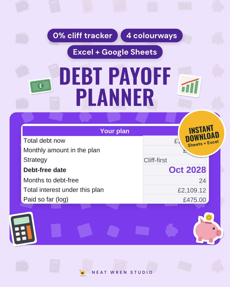Debt Payoff Planner Spreadsheet: main listing photo showing the product with an 'Instant download' badge and flat banknote, chart, calculator and piggy bank icons. Digital product from Neat Wren Studio.