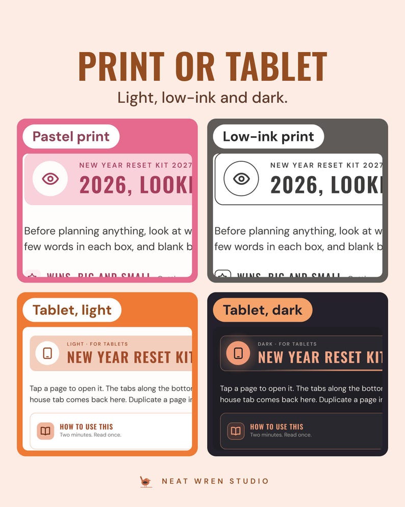 Four versions side by side: Pastel print, Low-ink print, light tablet and dark tablet.