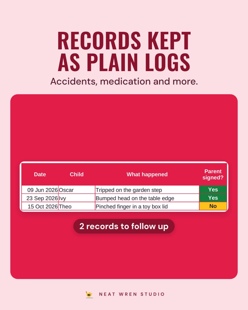 Accident log with what happened and whether the parent signed
