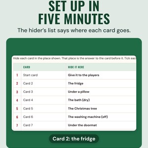 The hider's list table showing where each card goes, such as card 2 in the fridge and card 3 under a pillow, under the headline Set up in five minutes.