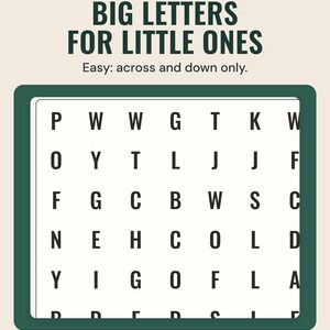 An easy Christmas word search grid in large capital letters, under the headline Big letters for little ones, and the line Easy: across and down only.