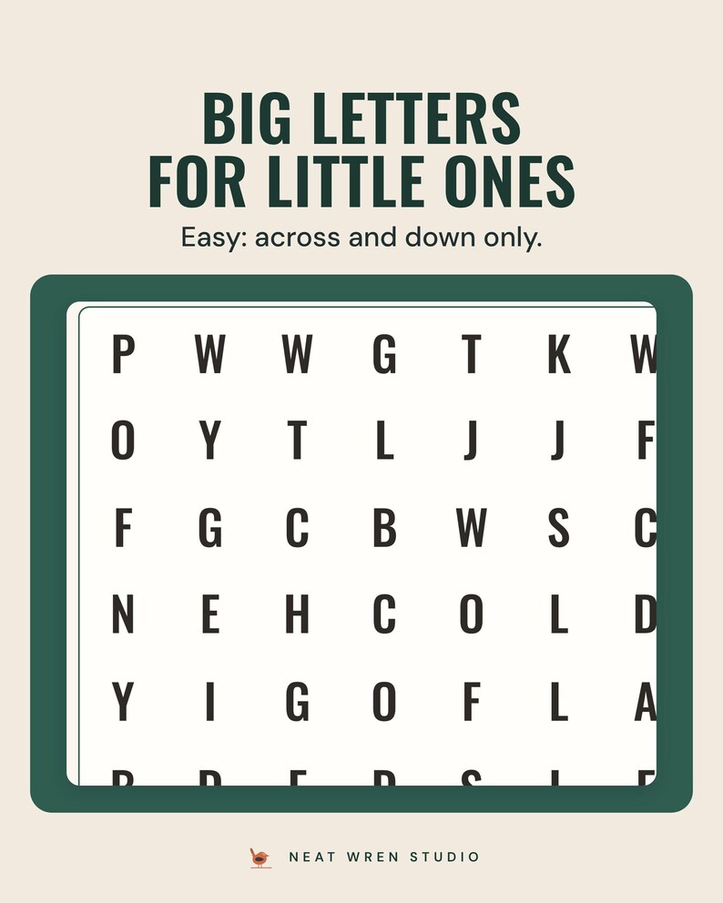 An easy Christmas word search grid in large capital letters, under the headline Big letters for little ones, and the line Easy: across and down only.