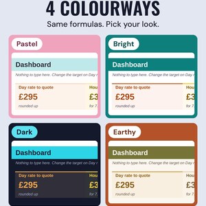 The day rate dashboard showing £295 in four colourways, Pastel, Bright, Dark and Earthy, under the headline 4 colourways, and the line Same formulas. Pick your look.