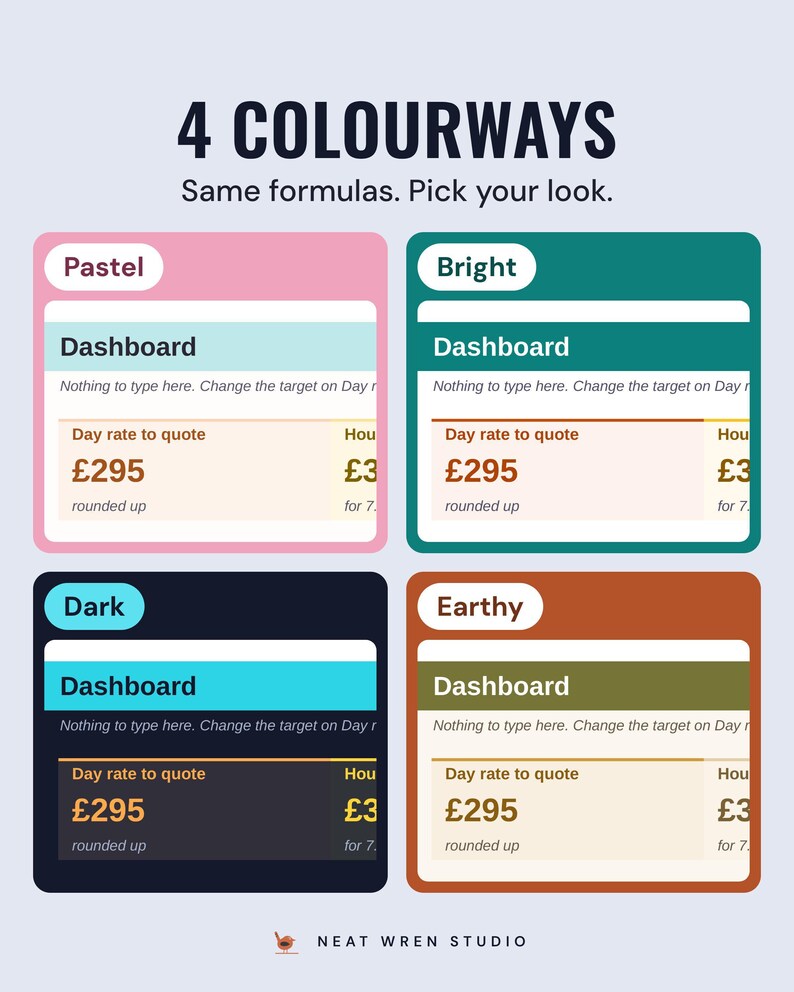 The day rate dashboard showing £295 in four colourways, Pastel, Bright, Dark and Earthy, under the headline 4 colourways, and the line Same formulas. Pick your look.