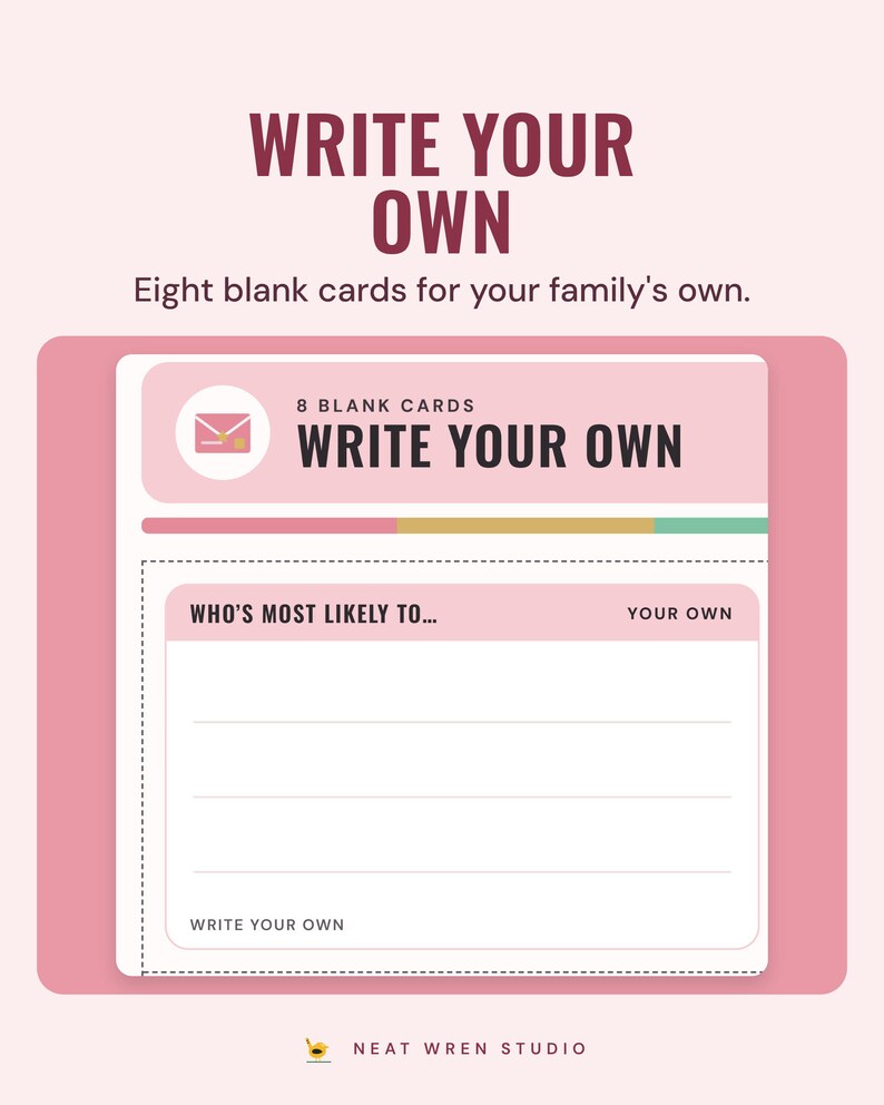 A blank who's most likely to card with lines to write on, under the headline Write your own, and the line Eight blank cards for your family's own.