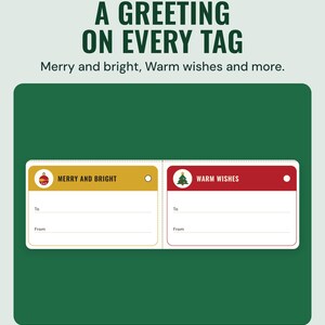 Two gift tags reading Merry and bright and Warm wishes, under the headline A greeting on every tag.