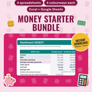 UK Budget Spreadsheet Bundle: main listing photo showing the product with an 'Instant download' badge and flat coins, banknote, piggy bank and calculator icons. Digital product from Neat Wren Studio.