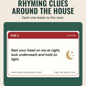 A scavenger hunt clue card that reads Rest your head on me at night, look underneath and hold on tight, under the headline Rhyming clues around the house.