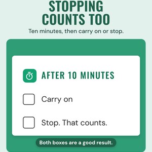 The After 10 minutes box from the When you're stuck sheet, with two tick boxes: Carry on, and Stop. That counts.