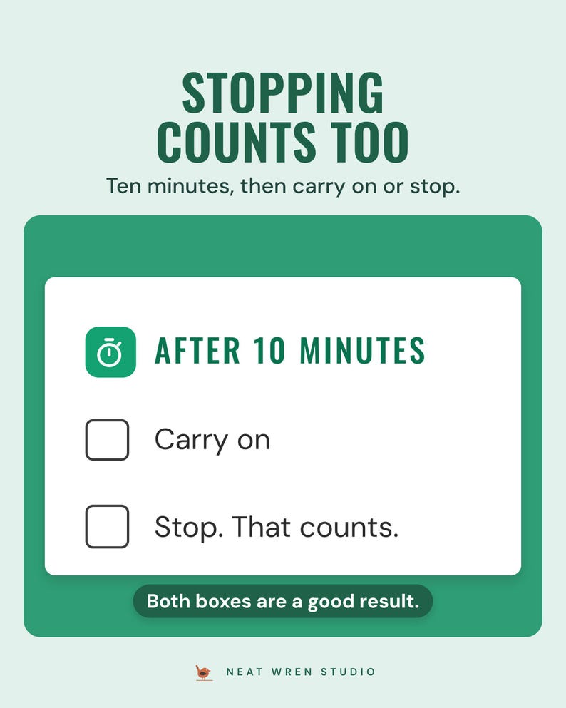 The After 10 minutes box from the When you're stuck sheet, with two tick boxes: Carry on, and Stop. That counts.