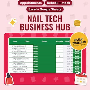 Nail Tech Business Spreadsheet UK: main listing photo showing the product with an 'Instant download' badge and flat sparkle, coins, nail polish and calendar icons. Digital product from Neat Wren Studio.