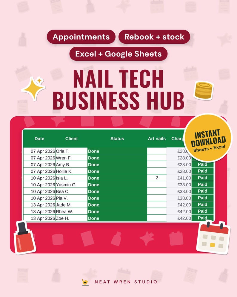 Nail Tech Business Spreadsheet UK: main listing photo showing the product with an 'Instant download' badge and flat sparkle, coins, nail polish and calendar icons. Digital product from Neat Wren Studio.