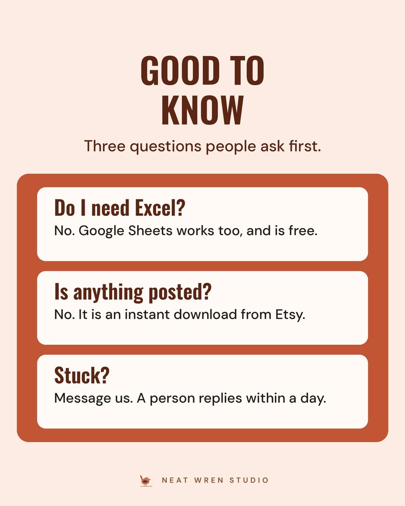 Good to know: you do not need Excel because Google Sheets works too, nothing is posted because it is an instant download, and a person replies to messages within a day.