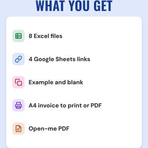 A white card under the headline What you get: 8 Excel files, 4 Google Sheets links, example and blank, A4 invoice to print or PDF and an Open-me PDF.