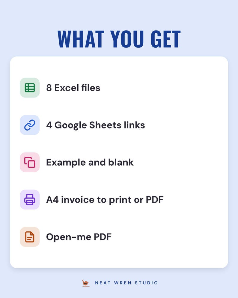 A white card under the headline What you get: 8 Excel files, 4 Google Sheets links, example and blank, A4 invoice to print or PDF and an Open-me PDF.