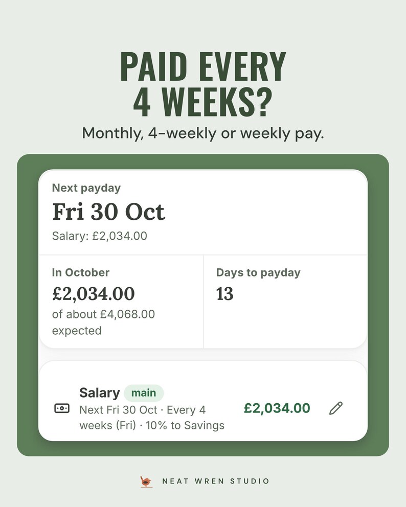 The app's next payday card, Fri 30 Oct, with a £2,034.00 salary paid every 4 weeks, under the headline Paid every 4 weeks? Monthly, 4-weekly or weekly pay.