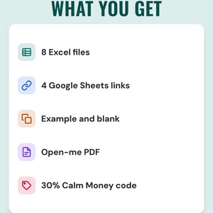 What you get: 8 Excel files, 4 Google Sheets links, example and blank, Open-me PDF, 30% Calm Money code
