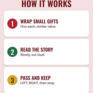Three numbered steps under the headline How it works: wrap small gifts of similar value, read the story slowly out loud, and pass on LEFT and RIGHT, then keep what you hold.