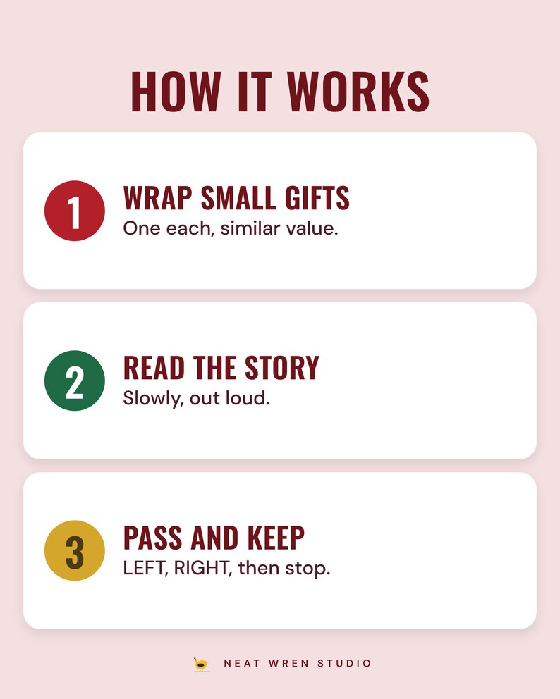 Three numbered steps under the headline How it works: wrap small gifts of similar value, read the story slowly out loud, and pass on LEFT and RIGHT, then keep what you hold.