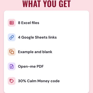 What you get: 8 Excel files, 4 Google Sheets links, example and blank, Open-me PDF, 30% Calm Money code