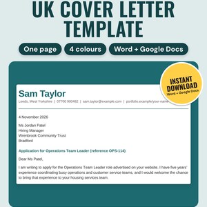 May include: A digital UK cover letter template featuring dark teal text on a light background. It includes sections for contact details, date, recipient information, and body text. A yellow circle badge reads INSTANT DOWNLOAD Word + Google Docs.