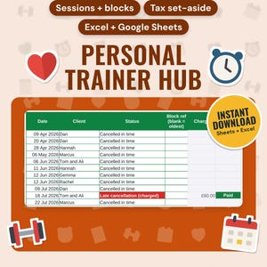 Personal Trainer Spreadsheet UK | Client Tracker, Sessions, Block Bookings, Session Credits, Invoices, Tax Set-Aside (Google Sheets & Excel)