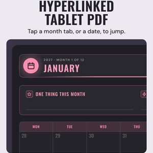 A tablet showing the January 2027 month page in dark mode, under the headline Hyperlinked tablet PDF, and the line Tap a month tab, or a date, to jump.