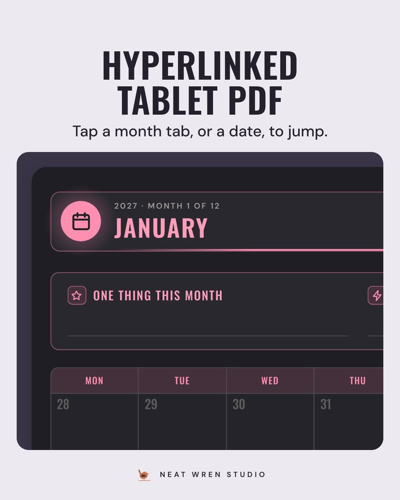 A tablet showing the January 2027 month page in dark mode, under the headline Hyperlinked tablet PDF, and the line Tap a month tab, or a date, to jump.
