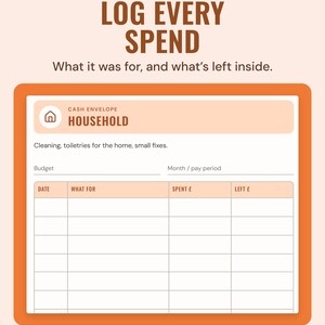 The Household cash envelope tracker: budget, month or pay period, and a log with date, what for, spent and left columns.