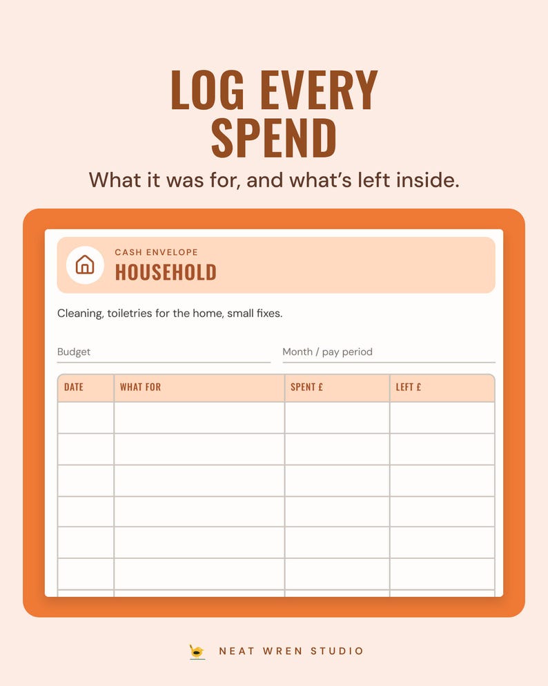 The Household cash envelope tracker: budget, month or pay period, and a log with date, what for, spent and left columns.