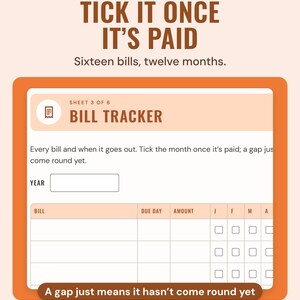 The bill tracker sheet with a tick box for each bill in every month, under the headline Tick it once it's paid, with a note: a gap just means it hasn't come round yet.
