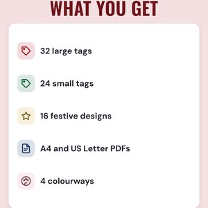 A white card under the headline What you get: 32 large tags, 24 small tags, 16 festive designs, A4 and US Letter PDFs and 4 colourways.