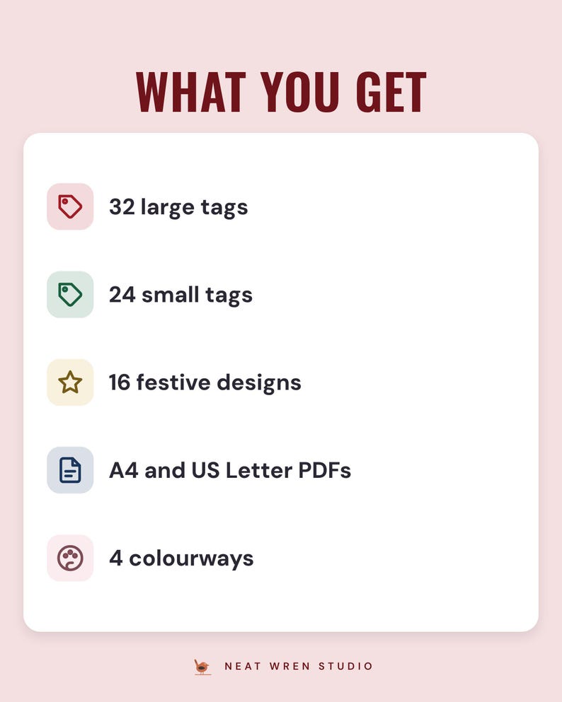 A white card under the headline What you get: 32 large tags, 24 small tags, 16 festive designs, A4 and US Letter PDFs and 4 colourways.