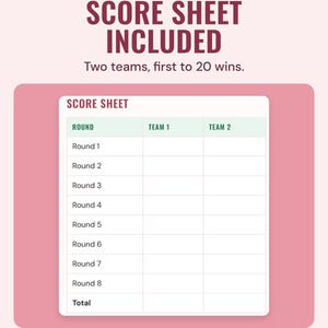 The pictionary score sheet with eight rounds and columns for team 1 and team 2, under the headline Score sheet included, and the line Two teams, first to 20 wins.