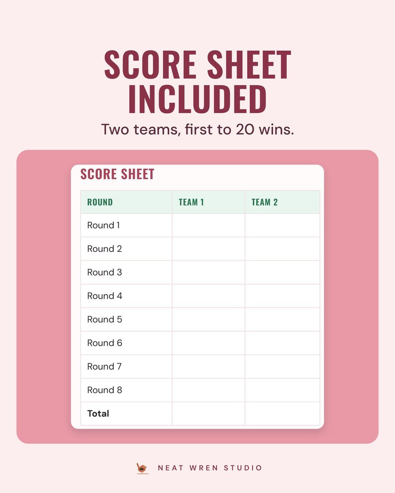 The pictionary score sheet with eight rounds and columns for team 1 and team 2, under the headline Score sheet included, and the line Two teams, first to 20 wins.