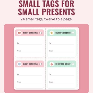 Four small gift tags, such as Merry Christmas and Season's Greetings, under the headline Small tags for small presents, and the line 24 small tags, twelve to a page.
