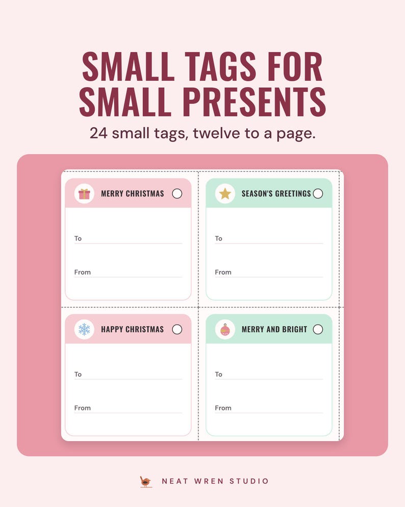 Four small gift tags, such as Merry Christmas and Season's Greetings, under the headline Small tags for small presents, and the line 24 small tags, twelve to a page.