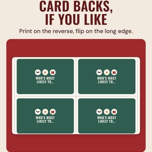 Four green Who's most likely to card backs, under the headline Card backs, if you like, and the line Print on the reverse, flip on the long edge.