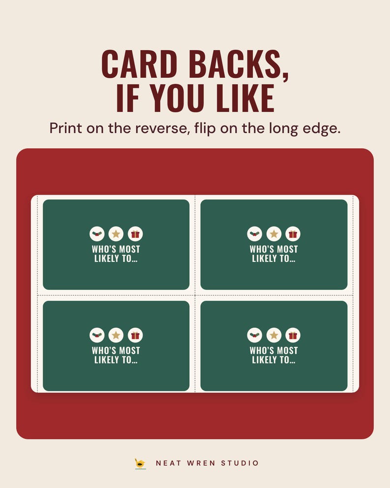 Four green Who's most likely to card backs, under the headline Card backs, if you like, and the line Print on the reverse, flip on the long edge.