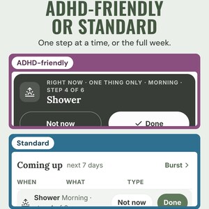 The two modes side by side: ADHD-friendly with one Right now step, and Standard with a Coming up table.