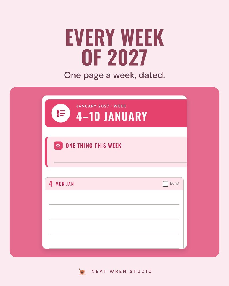2027 planner weekly page for 4 to 10 January with one thing this week and a box for each day.