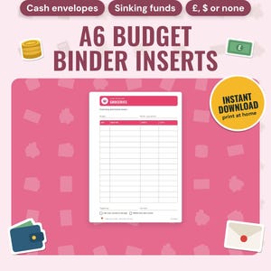 A6 Budget Binder Inserts: main listing photo showing the product with an 'Instant download' badge and flat coins, banknote, wallet and envelope icons. Digital product from Neat Wren Studio.