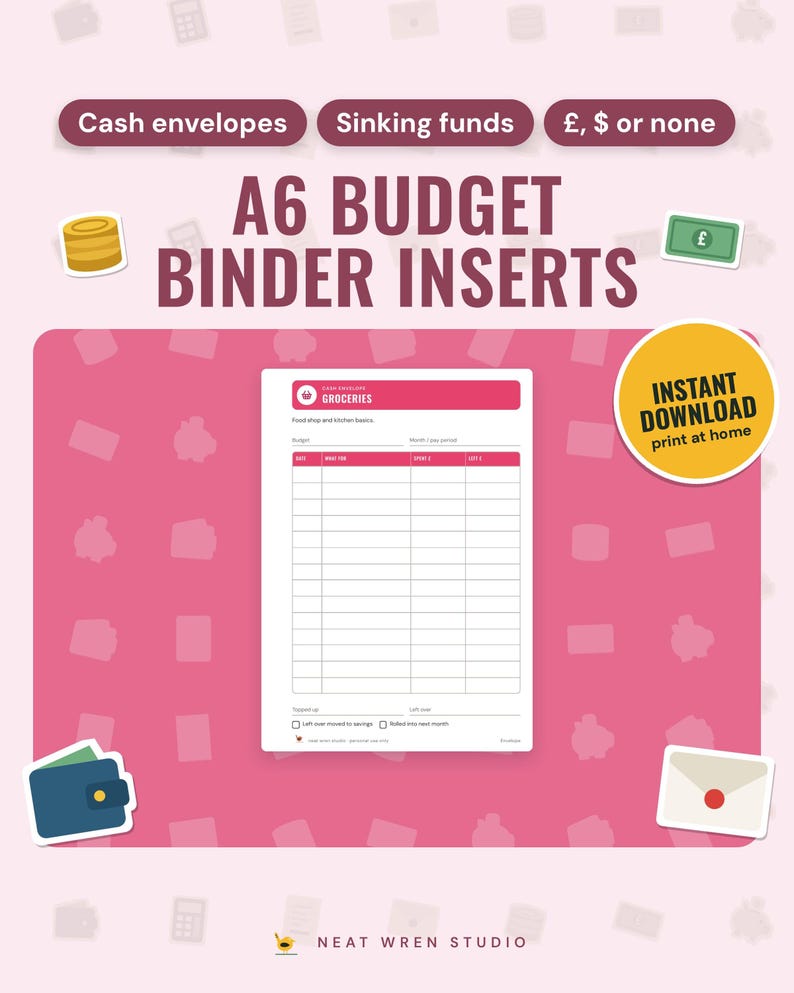 A6 Budget Binder Inserts: main listing photo showing the product with an 'Instant download' badge and flat coins, banknote, wallet and envelope icons. Digital product from Neat Wren Studio.