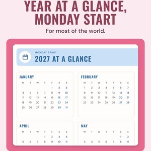 The 2027 year at a glance page with weeks starting on Monday, showing January, February, April and May, under the headline Year at a glance, Monday start.