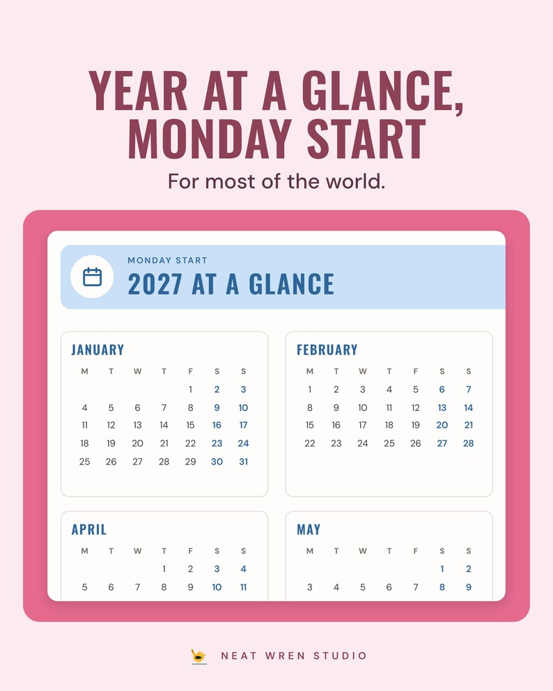 The 2027 year at a glance page with weeks starting on Monday, showing January, February, April and May, under the headline Year at a glance, Monday start.
